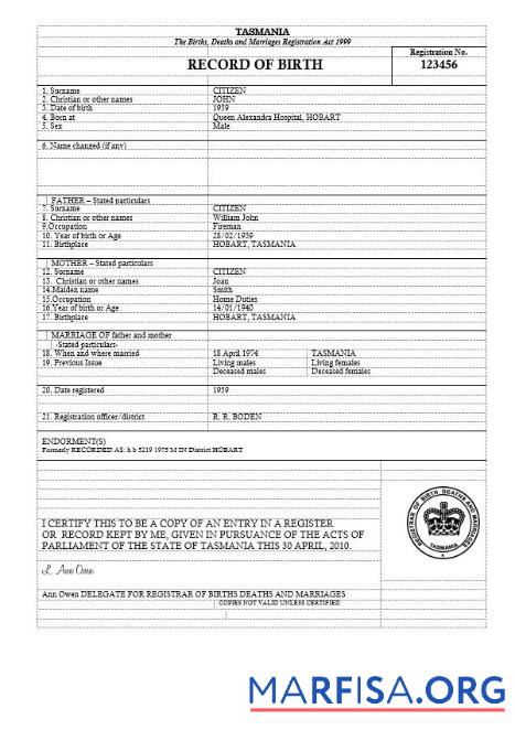 Downloadable Australia Tasmania birth certificate template in Word format